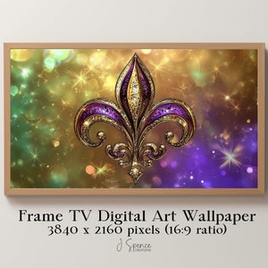 Op de afbeelding: Een gouden en paarse fleur-de-lis met glinsterende accenten tegen een achtergrond van gouden en paarse bokeh-lichten. De afbeelding is gelabeld "Frame TV Digital Art Wallpaper 3840 x 2160 pixels (16:9 ratio)" en "Spence Creations".