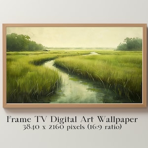 Low Country Marsh Frame TV Art, Southern Coastal Marsh Scene, Wetlands Meandering Water, Oil Painting Style, Spring Summer Digital Wallpaper
