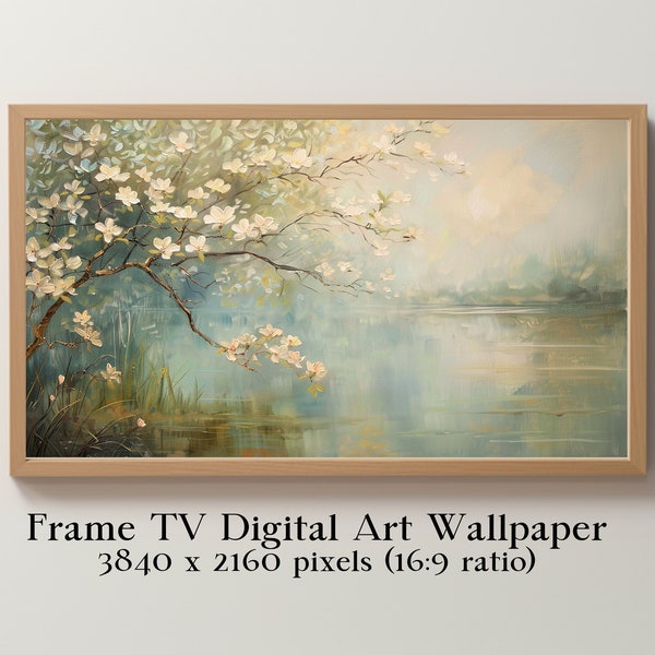 Frame TV Art, Flowering Tree over Calm Water in an oil painting style, Spring Summer Fall, Instant Digital Download TV Artwork & Home Decor