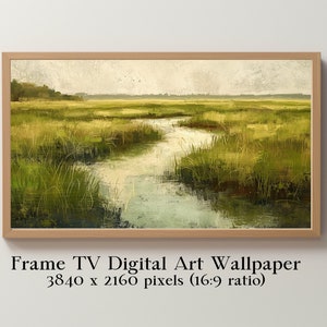 Frame TV Art, Meandering Water in a Lush Marsh in an Oil Painting Style, Spring Summer Digital Wallpaper, Instant Download TV and Home Decor