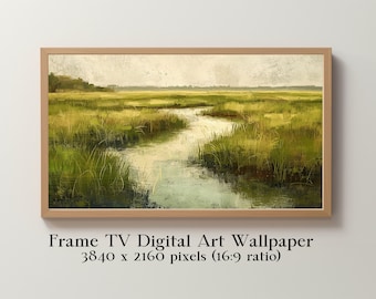 Frame TV Art, Meandering Water in a Lush Marsh in an Oil Painting Style, Spring Summer Digital Wallpaper, Instant Download TV and Home Decor