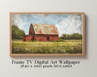 Frame TV Art, Old Red Barn in Green Grass in an Oil Painting Style, Spring Summer Fall Digital Wallpaper, Instant Download TV Home Decor