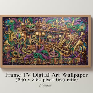 May include: A framed digital art wallpaper for Frame TV, featuring a vibrant Mardi Gras scene. The artwork showcases a float with masks, musical instruments, and decorative elements in gold, purple, green, and yellow. The text at the bottom reads "Frame TV Digital Art Wallpaper".