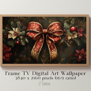 Peut inclure: Une impression d'art numérique d'un nœud de Noël avec des rubans rouges et dorés, entouré de houx vert et de baies rouges. L'image est encadrée et porte le texte "Frame TV Digital Art Wallpaper 3840 x 2160 pixels (16:9 ratio)" en bas.