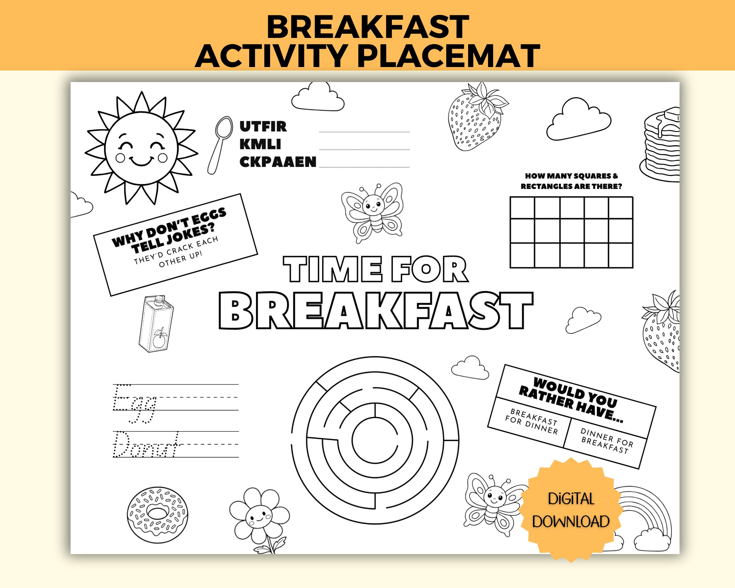 Breakfast Club Math Activity Breakfast Activity Placemat for Kids, Printable Morning Activity ...