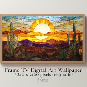 May include: A framed digital art wallpaper for Frame TV. The artwork shows a desert sunset scene with cacti, mountains, and a large sun. The colour palette includes shades of orange, yellow, purple, and green. The text on the image reads: Frame TV Digital Art Wallpaper 3840 x 2160 pixels (16:9 ratio).