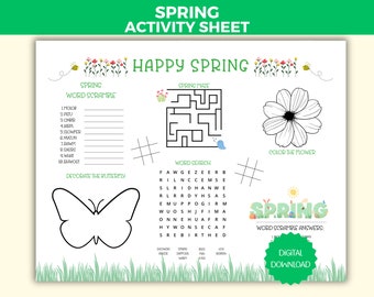 Mantel individual para colorear de primavera imprimible, hoja de actividades de primavera para niños, juegos de primavera, mantel individual de actividades de primavera para niños, juegos para colorear de primavera