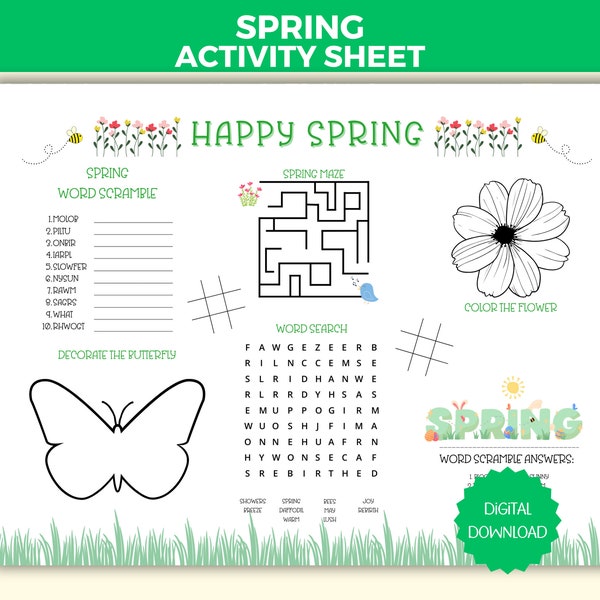 Printable Happy Spring Coloring Placemat, Spring Kid's Activity Sheet, Spring Games, Spring Kid's Activity Placemat, Spring Coloring Games