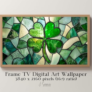 May include: A stained glass window design featuring a green four-leaf clover in the center. The clover is surrounded by a mosaic of green, blue, and white glass pieces.