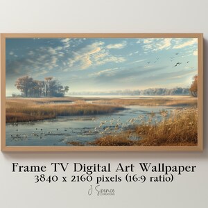 Frame TV Art, Birds in Water and Flying over a Lush Marsh, Oil Painting Style, Summer Fall Digital Wallpaper, Low Country Marsh