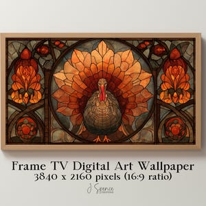 May include: A framed digital art wallpaper for a Frame TV. The artwork features a stylized turkey with a vibrant orange and brown tail, set against a stained-glass window design. The frame is a light brown color. The text on the image reads: Frame TV Digital Art Wallpaper 3840 x 2160 pixels (16:9 ratio).