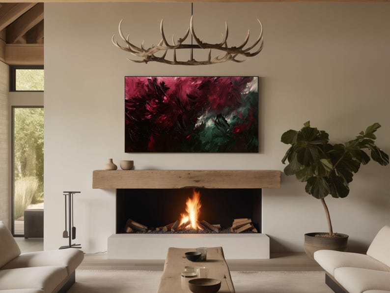 Frame TV Wallpaper, Emerald Green and Burgundy Red Artwork, Fall Winter