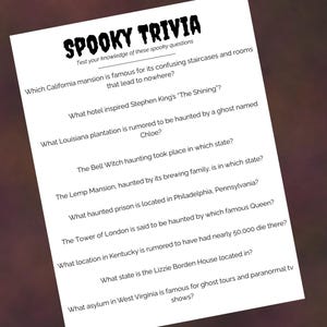 May include: A white sheet of paper with the title "SPOOKY TRIVIA" in a bold, black font. Below the title are several trivia questions about haunted locations and paranormal events. The paper is set against a dark, textured background.