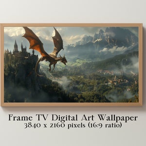 May include: A digital art print of a fantasy landscape with a dragon flying over a medieval castle. The scene is set in a valley with mountains in the background. The dragon is brown and orange with a long tail and wings. The castle is made of stone and has a tall tower. The sky is cloudy and the sun is shining.