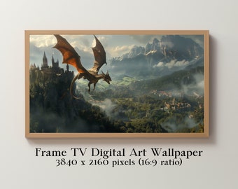 Samsung Frame TV Art Wallpaper, Flying Dragon in front of Castle, Oil painting style, Instant Digital Download TV Art, Gift for Him or Her