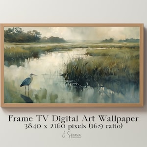 Low Country Marsh Frame TV Art, Crane Wading in Water, Oil Painting Style Artwork, Coastal Spring Summer Digital Wallpaper, Home Decor