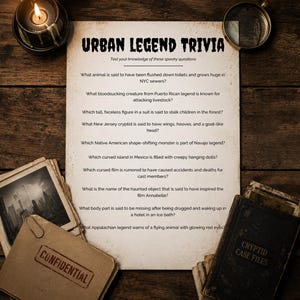 May include: A sheet of paper titled Urban Legend Trivia with a list of ten questions about folklore, accompanied by a stack of black and white photographs, a brown folder labeled Confidential, and a book titled Cryptid Case Files.