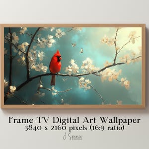 May include: A red cardinal perched on a branch of a tree with white blossoms against a blue and white sky. The image is a digital art print.