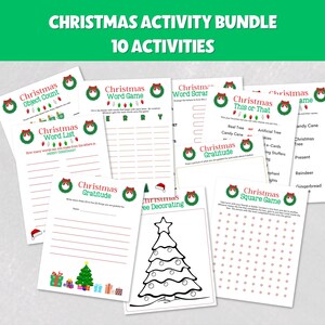 May include: A printable Christmas activity bundle with 10 different activities, including a word search, word list, object count, gratitude list, square game, and more. The activities are all themed around Christmas and are perfect for kids of all ages.