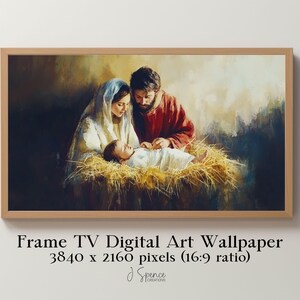 May include: A painting of the Holy Family, depicting Mary, Joseph, and the baby Jesus. The painting is done in a realistic style with warm colors and soft lighting. The family is shown in a humble setting, with straw and hay surrounding them.