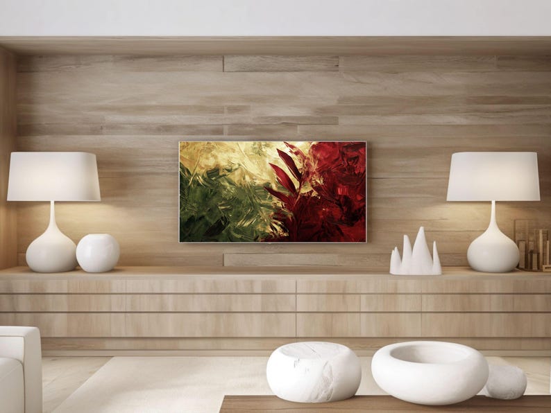 Frame TV Wallpaper, Emerald Green and Burgundy Red Artwork, Fall Winter