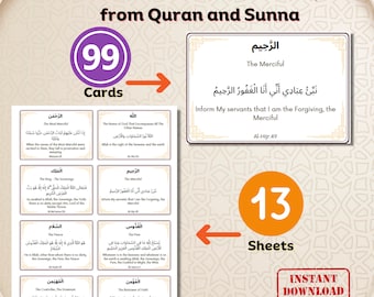 99 Names of Allah Flashcards with Translation & Examples from Quran and Authentic Hadith| Islamic flashcards| Al Asma ul Husna Flashcards