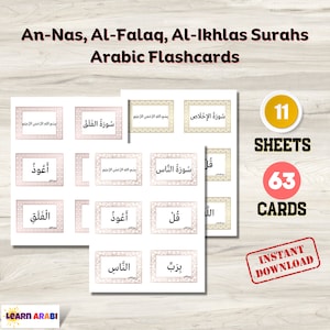 May include: A set of 63 Arabic flashcards featuring the An-Nas, Al-Falaq, and Al-Ikhlas Surahs. The flashcards are printed on white paper with a gold and pink border. The text is in Arabic and includes the Arabic words for "Surah", "Bismillah", and "A'udhu".