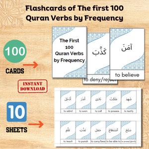 Flashcards des 100 premiers VERBES du Coran par fréquence| 100 cartes VERBES du Coran avec traduction en anglais | Vocabulaire du Coran