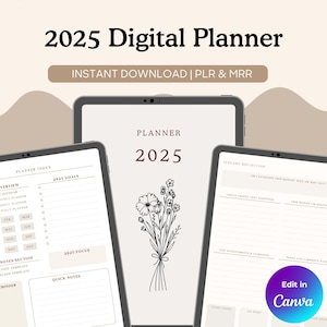 May include: A digital planner for 2025 with a floral design. The planner includes sections for goals, notes, and a calendar. The text "Edit in Canva" is in the lower right corner of the image.