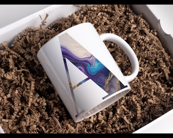 Taza de café con letra de mármol, taza personalizada de 12 oz, regalo para ella, regalo de última hora, mármol