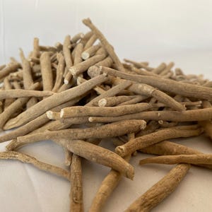May include: A pile of dried, light brown ashwagandha roots. The roots are cylindrical, with a rough texture and varying lengths. The ends of some roots are cut, revealing a lighter interior. The image is taken against a white background.