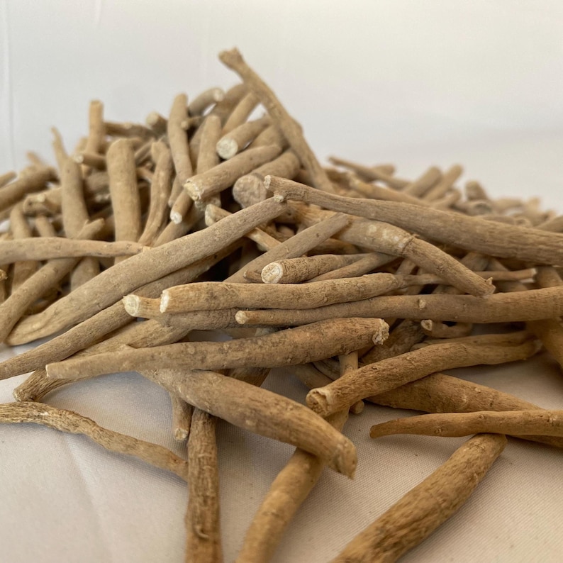 May include: A pile of dried, light brown ashwagandha roots. The roots are cylindrical, with a rough texture and varying lengths. The ends of some roots are cut, revealing a lighter interior. The image is taken against a white background.