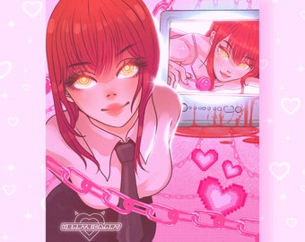 Control Devil Girl, Kawaii Devil Demon Chainsaw Pink Holographic Art Print