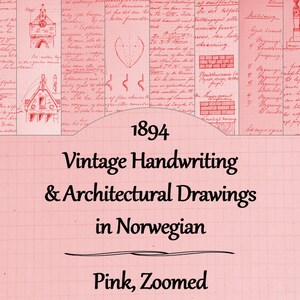 May include: A pink background with a grid pattern and the text "1894 Vintage Handwriting & Architectural Drawings in Norwegian Pink, Zoomed". The background is made up of several different architectural drawings in red ink.