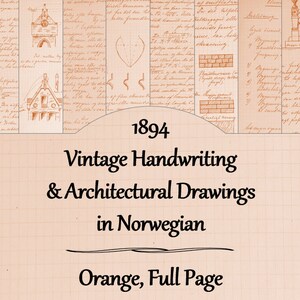 Pode incluir: Uma imagem vintage em tons de laranja com um padrão de grade. A imagem apresenta texto manuscrito em norueguês e desenhos arquitetônicos. O texto diz "1894 Vintage Handwriting & Architectural Drawings in Norwegian Orange, Full Page".