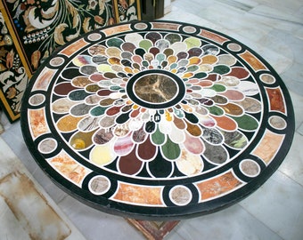 Ronde inlegtafel, handgemaakte Pietra Dura-tafel met meerdere stenen, tafelblad met stenen inleg, trendy salontafel, tafelblad met meerdere stenen marmeren inleg