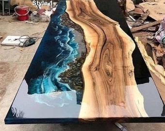 Oceaan epoxy tafel, op bestelling gemaakt epoxyhars tafel, aangepaste tafel, houtkunsthars, salontafel, harskunst, groene harstafel / groen dineren