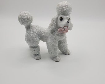 Vintage 1950s Porcelain Sugar Poodle Figurine From Japan White w/ Pink Flowers