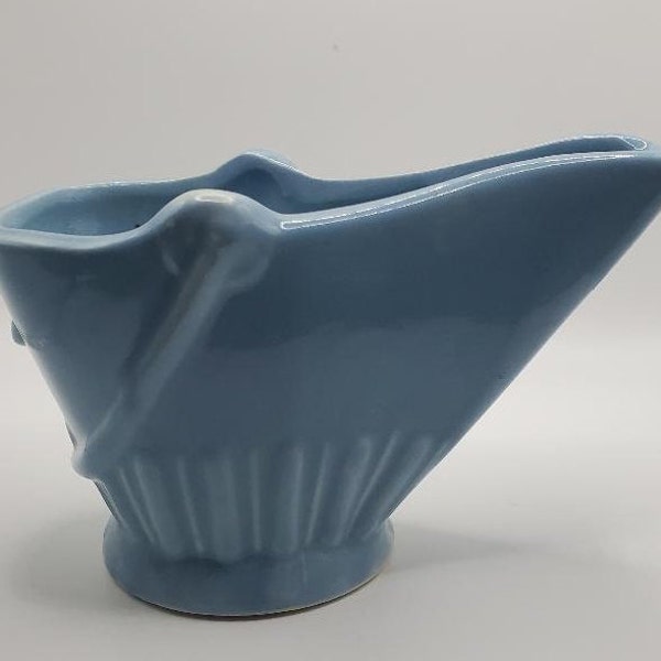 Jardinière navette vintage seau à charbon en poterie émaillée bleue des années 1950