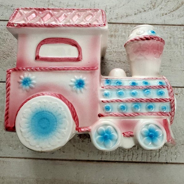 Vintage Rubens Baby Train Engine Floral Planter Shower Vase Nursery Railroad Japan