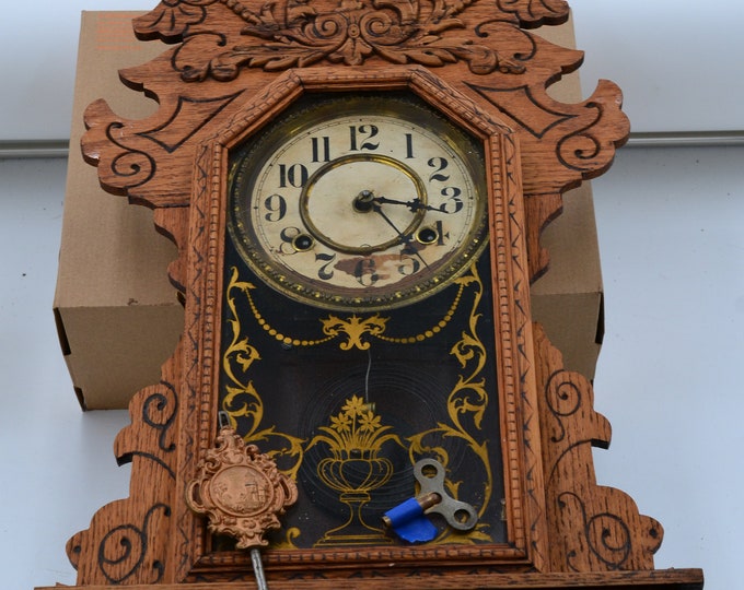 Clock, Gilbert, Wind up With Pendulum and Key, Gong Chime, Fancy Wood
