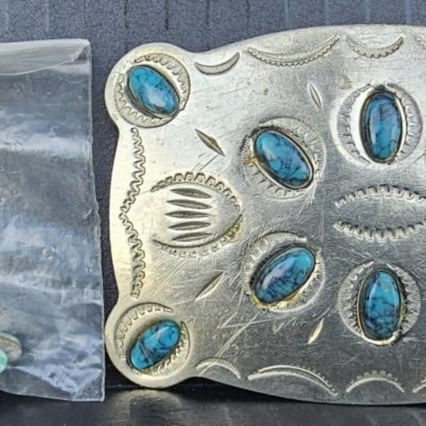 Belt Buckle, German Silver, with turquoise inserts, repaired, extra stones included, #bb58