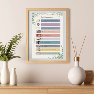 May include: A framed print with a white background and green foliage border. The print features the Ten Commandments in a colorful, illustrated format. Each commandment is displayed on a separate colored strip with a corresponding illustration.