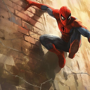 May include: A red and blue superhero, Spider-Man, is swinging from a brick wall. He is wearing a red and blue suit with a spider logo on the chest. He is in mid-air, with his arms outstretched and his legs bent. The background is a blurry image of a city street.