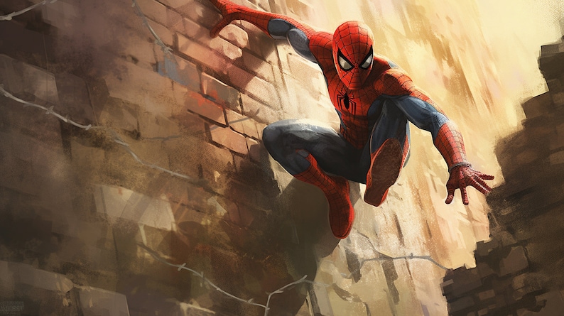 May include: A red and blue superhero, Spider-Man, is swinging from a brick wall. He is wearing a red and blue suit with a spider logo on the chest. He is in mid-air, with his arms outstretched and his legs bent. The background is a blurry image of a city street.