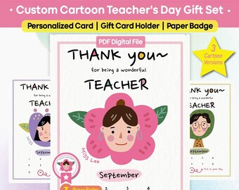 Custom Cartoon Teacher's Day Gift Set: Personalized Card, Gift Card & Badge