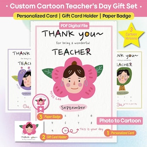 Set de regalo personalizado para el Día del Maestro con dibujos animados: tarjeta personalizada, tarjeta de regalo y placa