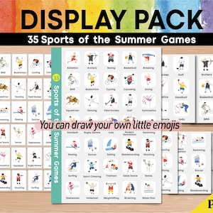 May include: A colorful display pack of 35 summer sports icons. Each icon is a simple illustration of a person participating in a sport. The pack includes sports like basketball, swimming, archery, and more. The text "35 Sports of the Summer Games" is printed on the front of the pack.