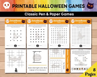 Printable Halloween Games Bundle for Kids | Dots&Boxes | Tic Tac Toe | Hangman | Treasure Hunt Grid | Classroom Games | Pen and Paper Games