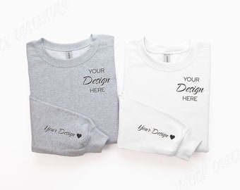 Maqueta de manga Gildan Sport gris y blanco 18000 Maqueta de pareja Mr Mrs Wedding Mockup Sudadera Gildan 18000 Maqueta de sudadera doblada